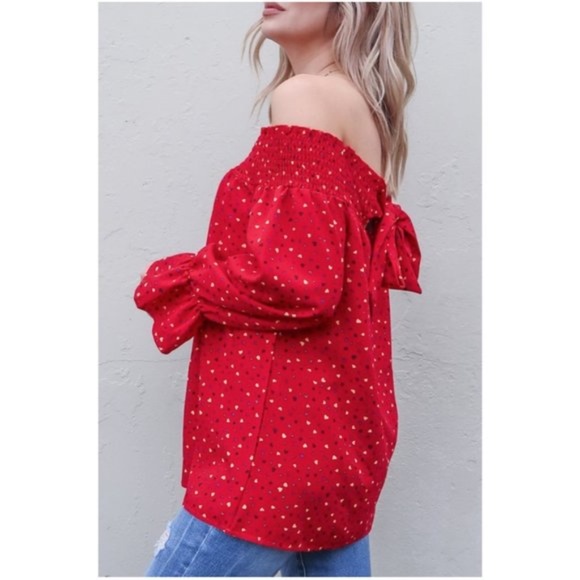 01 Boho off shoulder heart print Blouse Top - Picture 2 of 4
